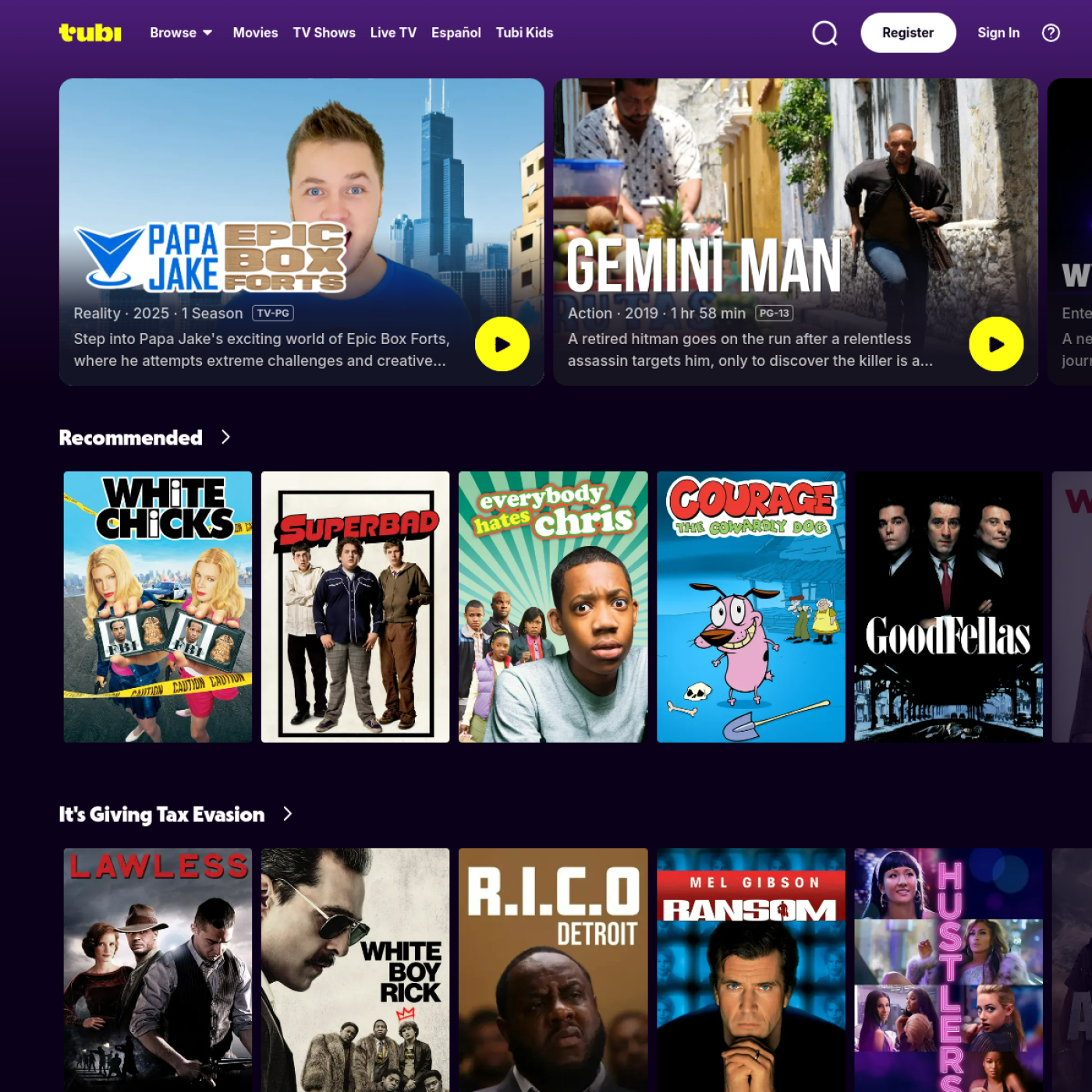 tubi-mobile homepage
