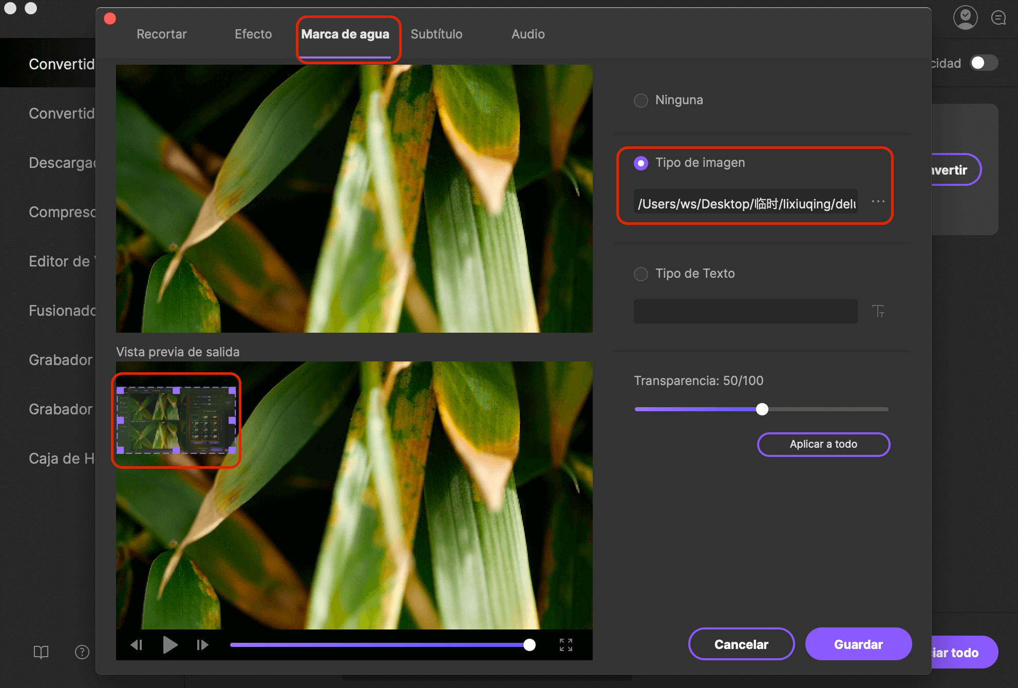 añadir marcas de agua a video usando imedia converter deluxe mac